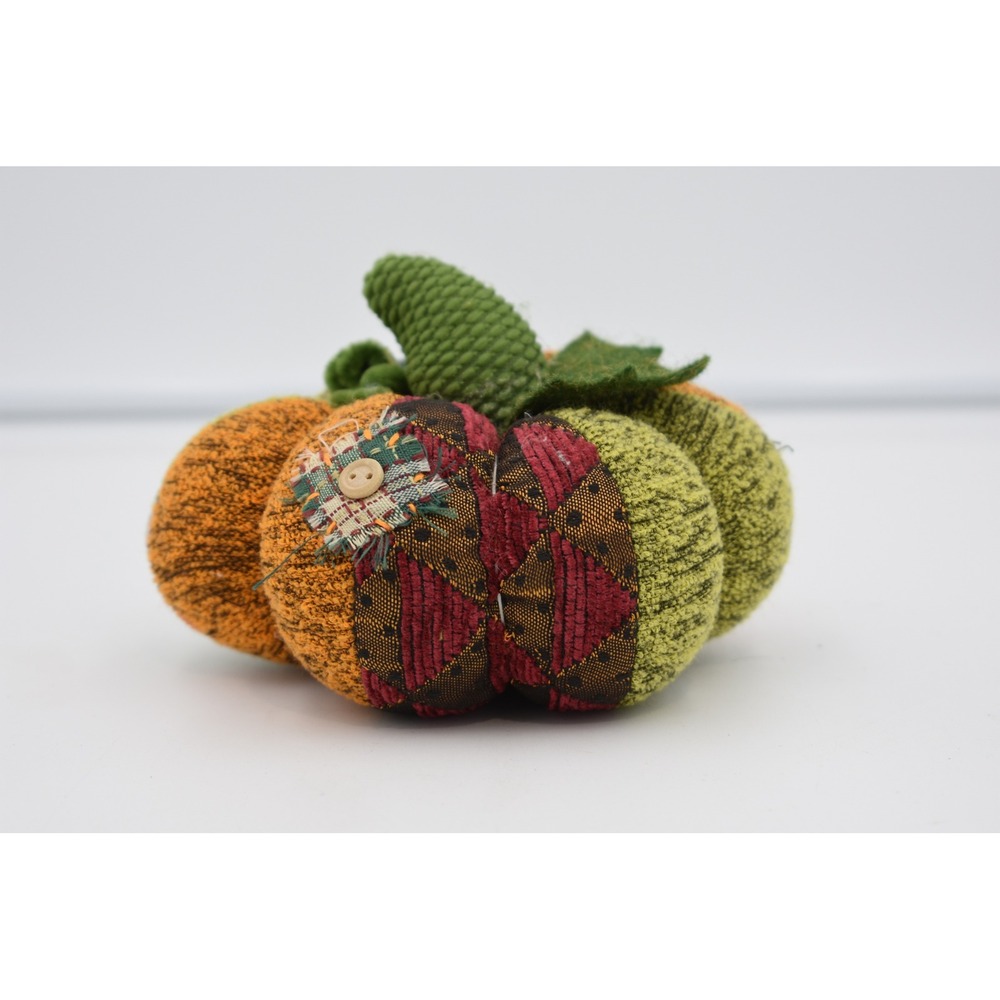 Handmade Patchwork Fabric Pumpkin Rustic Autumn Fall Decor Green Orange Woven 6"